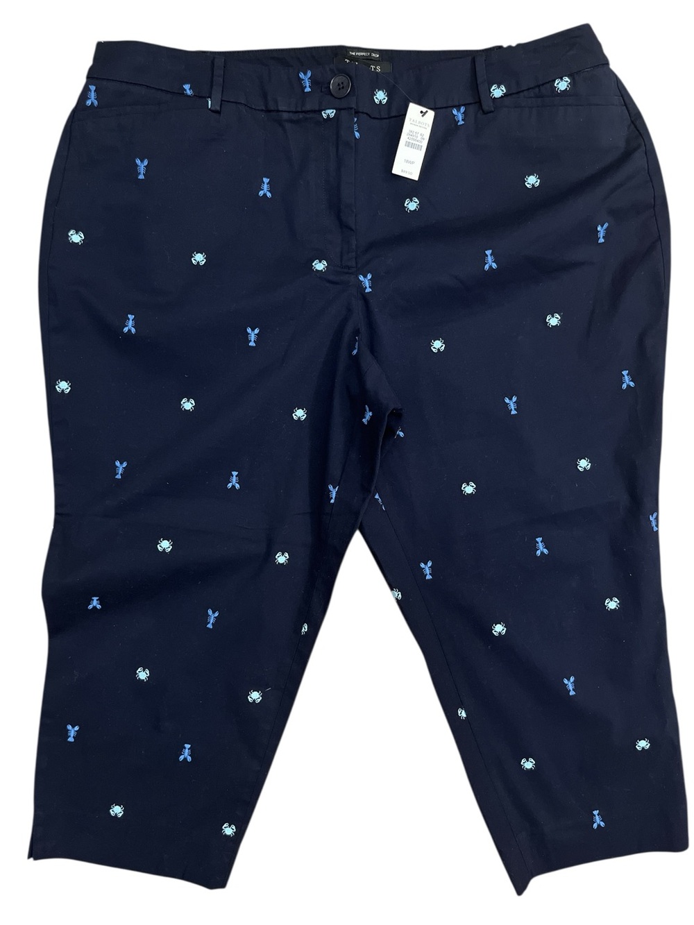 TALBOTS Perfect Crop Navy Lobster Crab Embroidered Capri Pants 18WP NWT Coastal